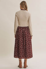 Mocha Floral Sweater Contrast Midi Dress