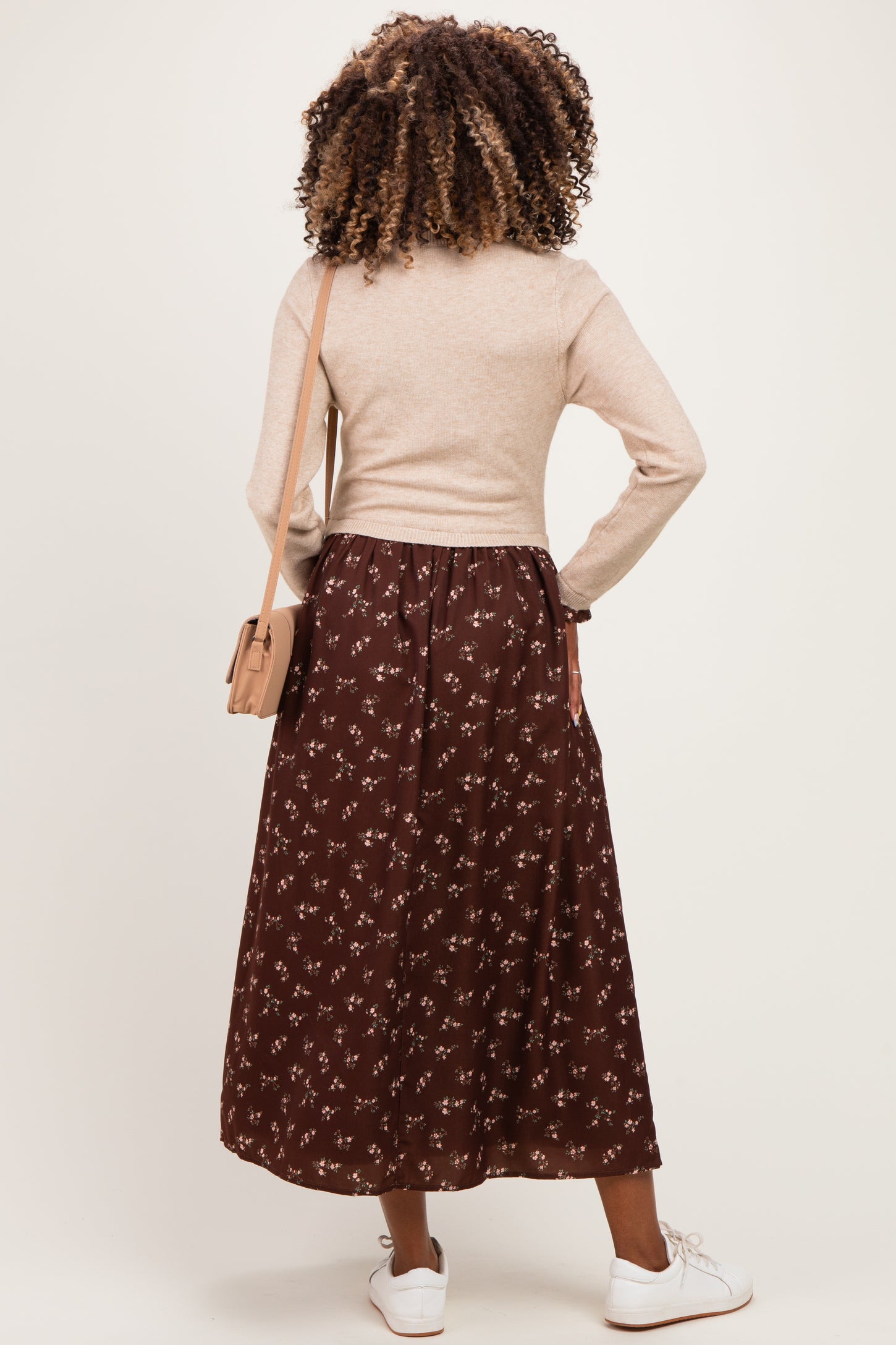 Mocha Floral Sweater Contrast Maternity Midi Dress