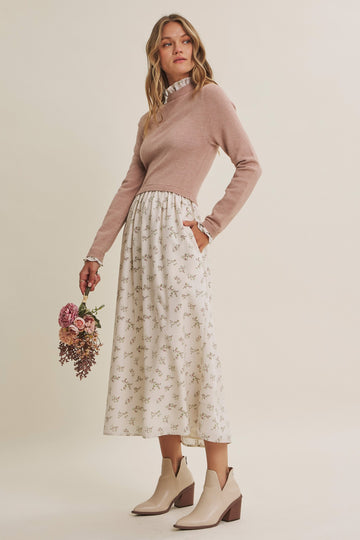 Cream Floral Sweater Contrast Midi Dress