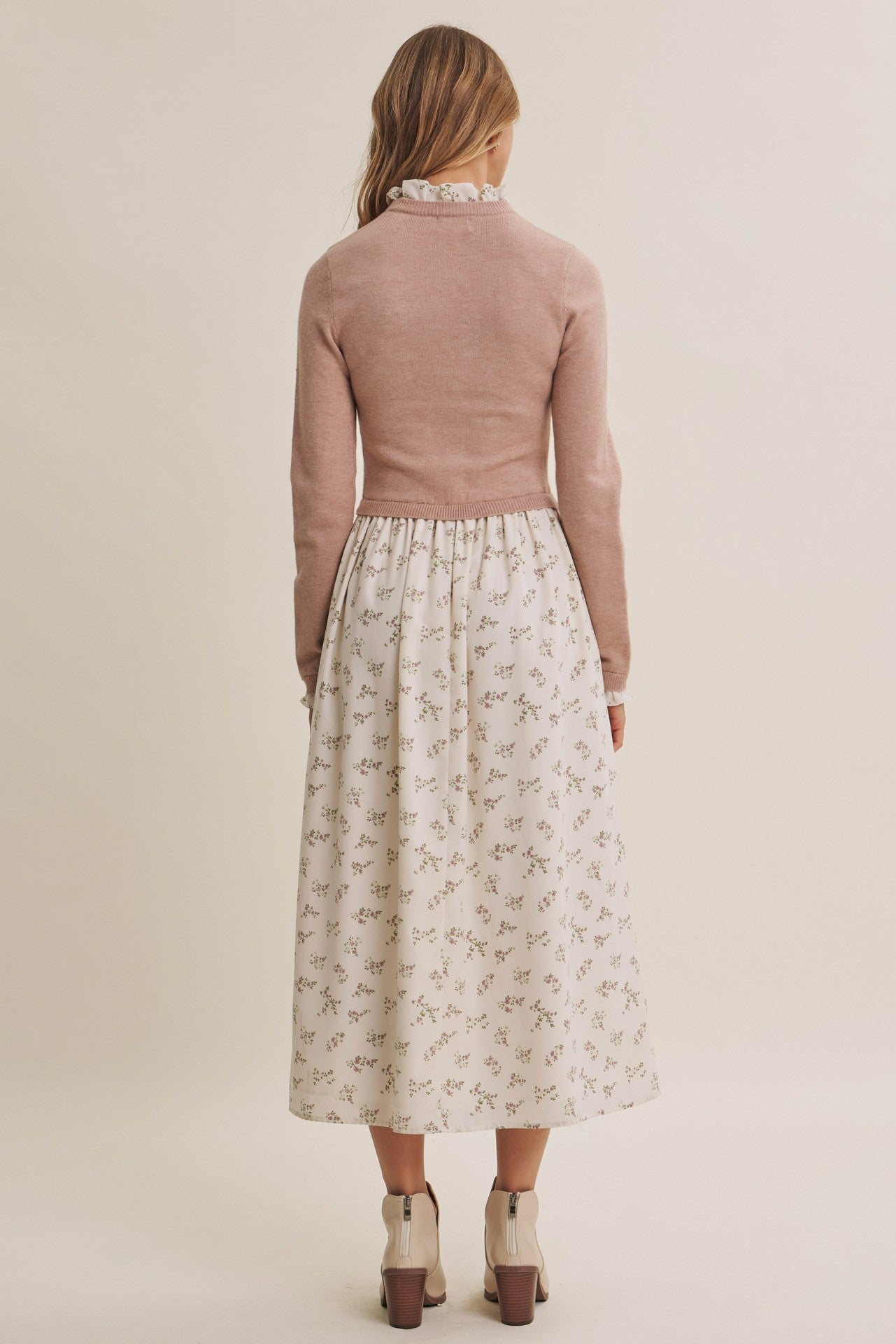 Cream Floral Sweater Contrast Midi Dress