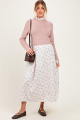 Cream Floral Sweater Contrast Maternity Midi Dress