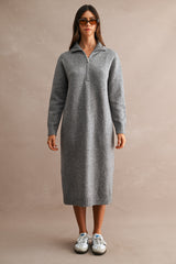 Grey Half-Zip Collar Side Slit Midi Sweater Dress