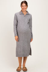 Grey Half-Zip Collar Side Slit Maternity Midi Sweater Dress