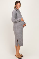 Grey Half-Zip Collar Side Slit Maternity Midi Sweater Dress