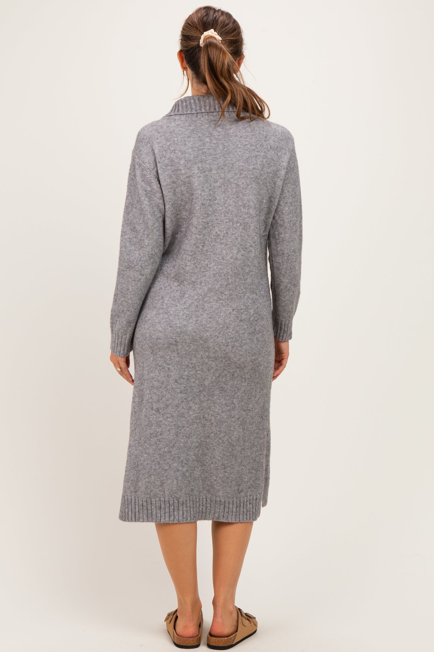 Grey Half-Zip Collar Side Slit Maternity Midi Sweater Dress