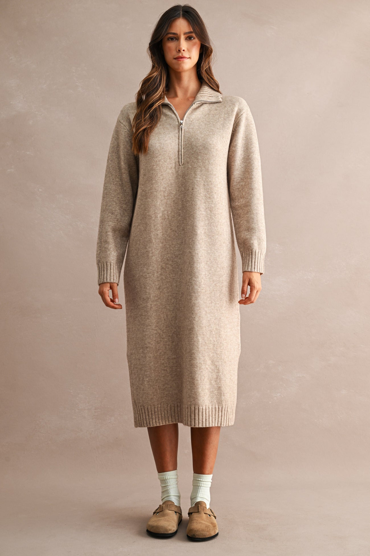 Light Mocha Half-Zip Collar Side Slit Maternity Midi Sweater Dress