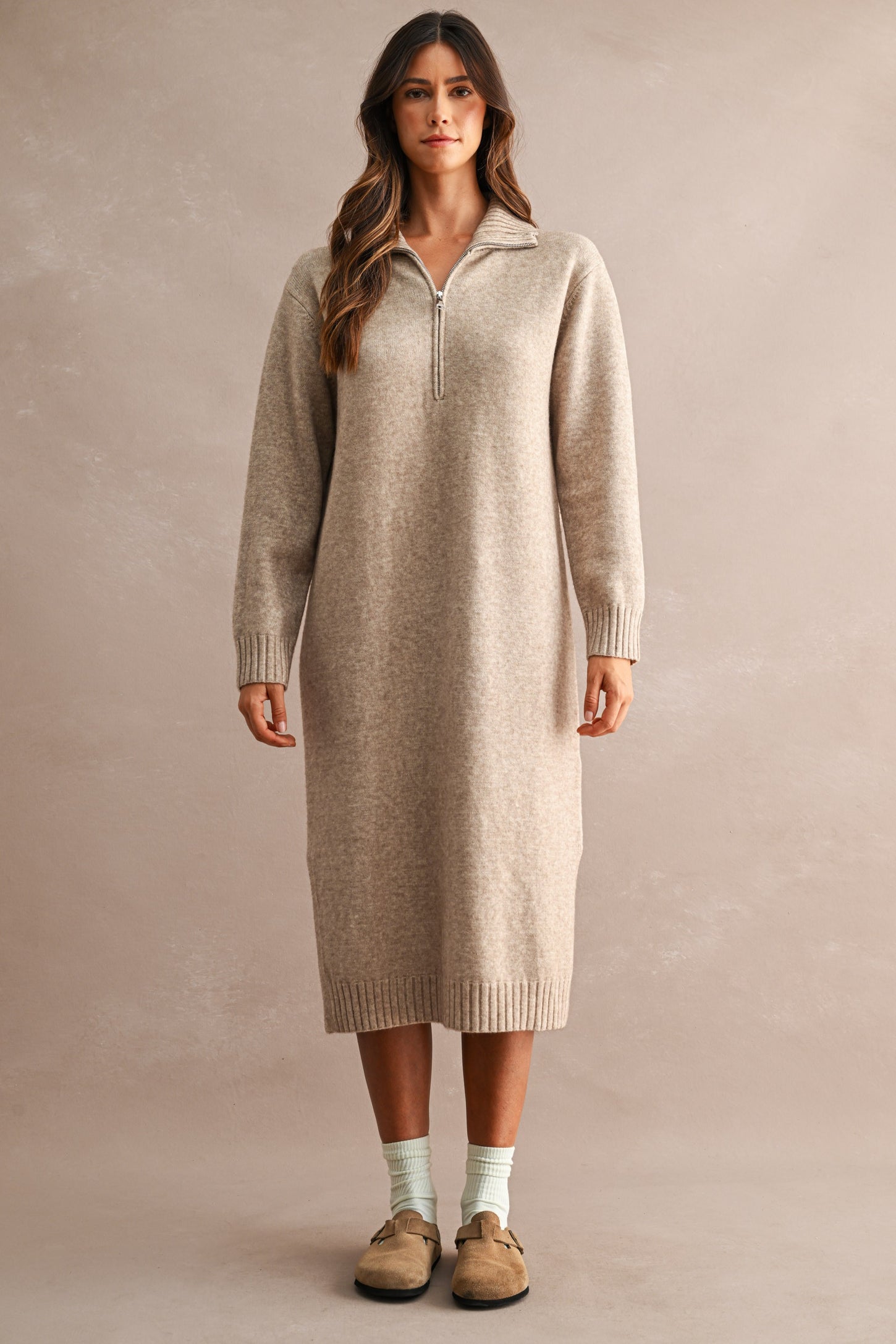Light Mocha Half-Zip Collar Side Slit Maternity Midi Sweater Dress