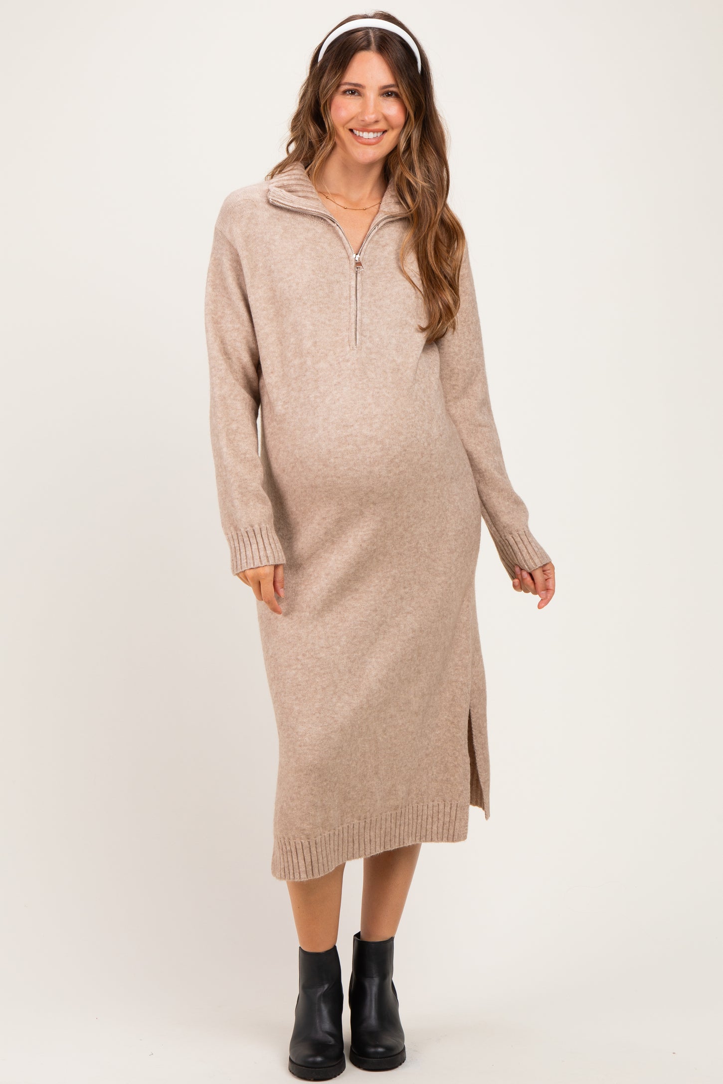 Light Mocha Half-Zip Collar Side Slit Maternity Midi Sweater Dress