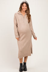 Light Mocha Half-Zip Collar Side Slit Maternity Midi Sweater Dress