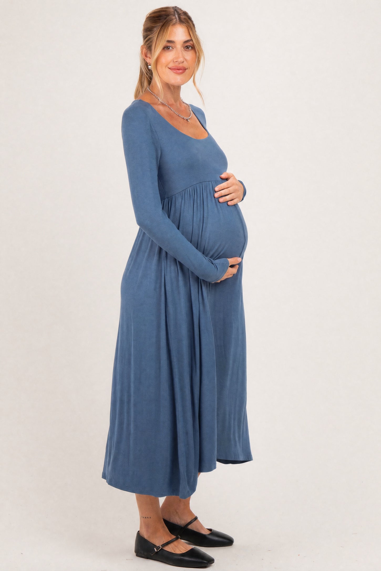 Teal Long Sleeve Scoop Neck Maternity Maxi Dress