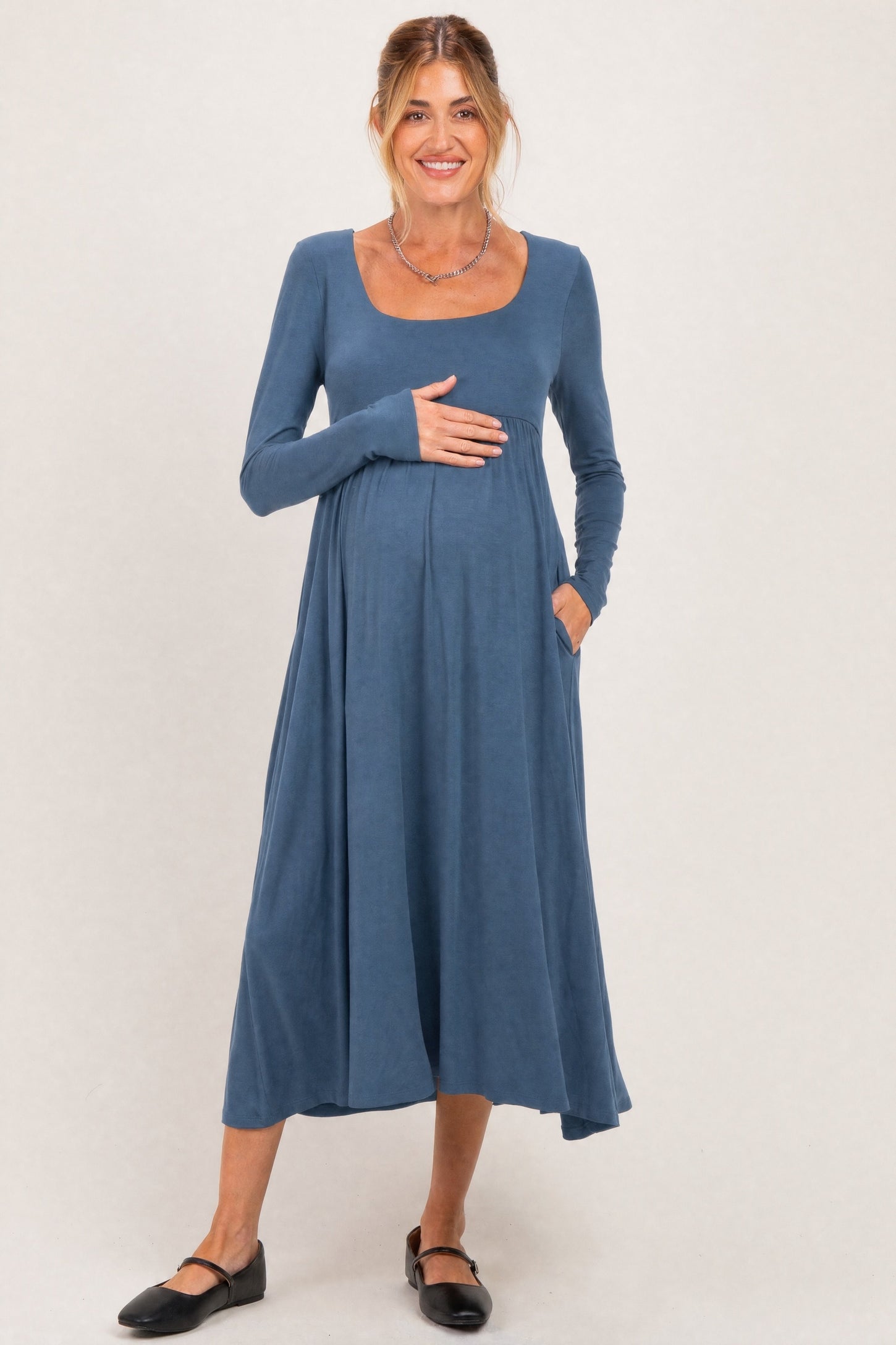 Teal Long Sleeve Scoop Neck Maternity Maxi Dress