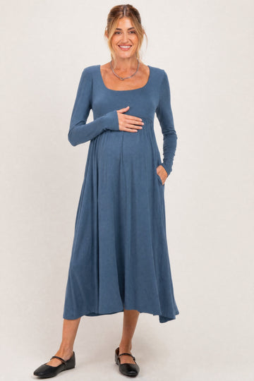 Teal Long Sleeve Scoop Neck Maternity Maxi Dress