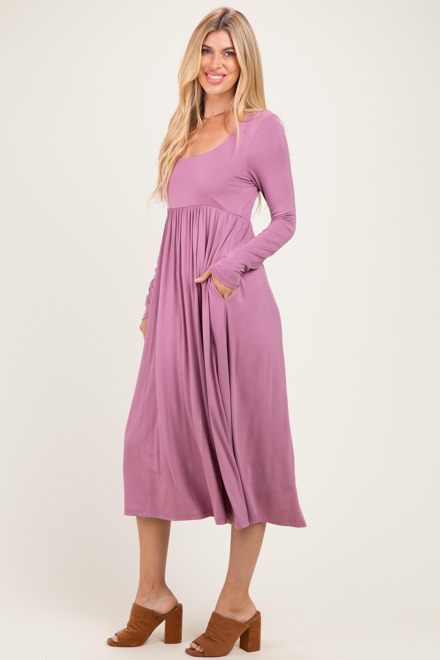 Mauve Lavender Long Sleeve Scoop Neck Maxi Dress