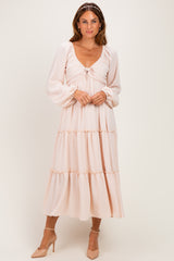 Beige Tiered Long Sleeve V-Neck Maxi Dress