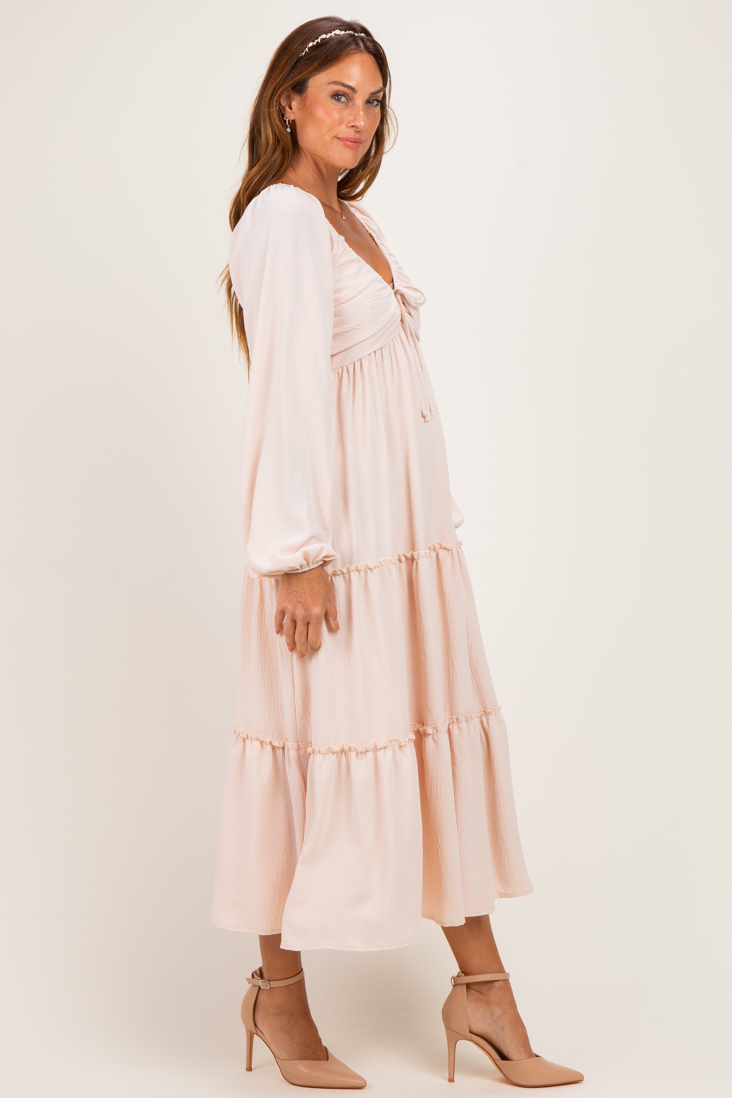 Beige Tiered Long Sleeve V-Neck Maxi Dress