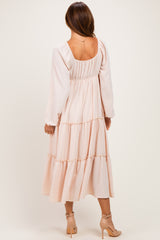 Beige Tiered Long Sleeve V-Neck Maxi Dress