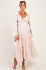 Beige Tiered Long Sleeve V-Neck Maternity Maxi Dress