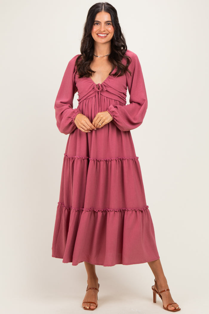 Mauve Tiered Long Sleeve V-Neck Maxi Dress
