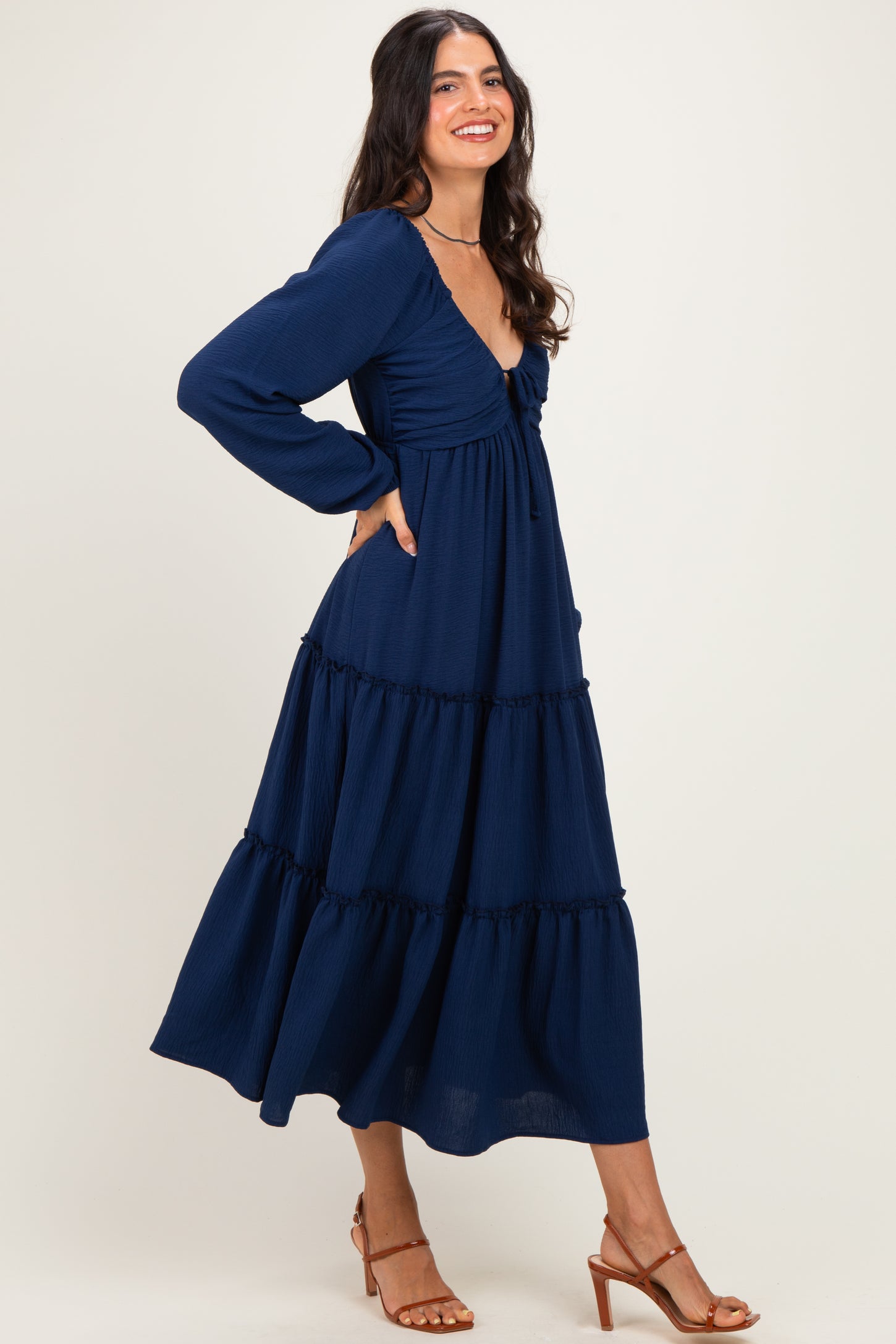 Navy Tiered Long Sleeve V-Neck Maxi Dress