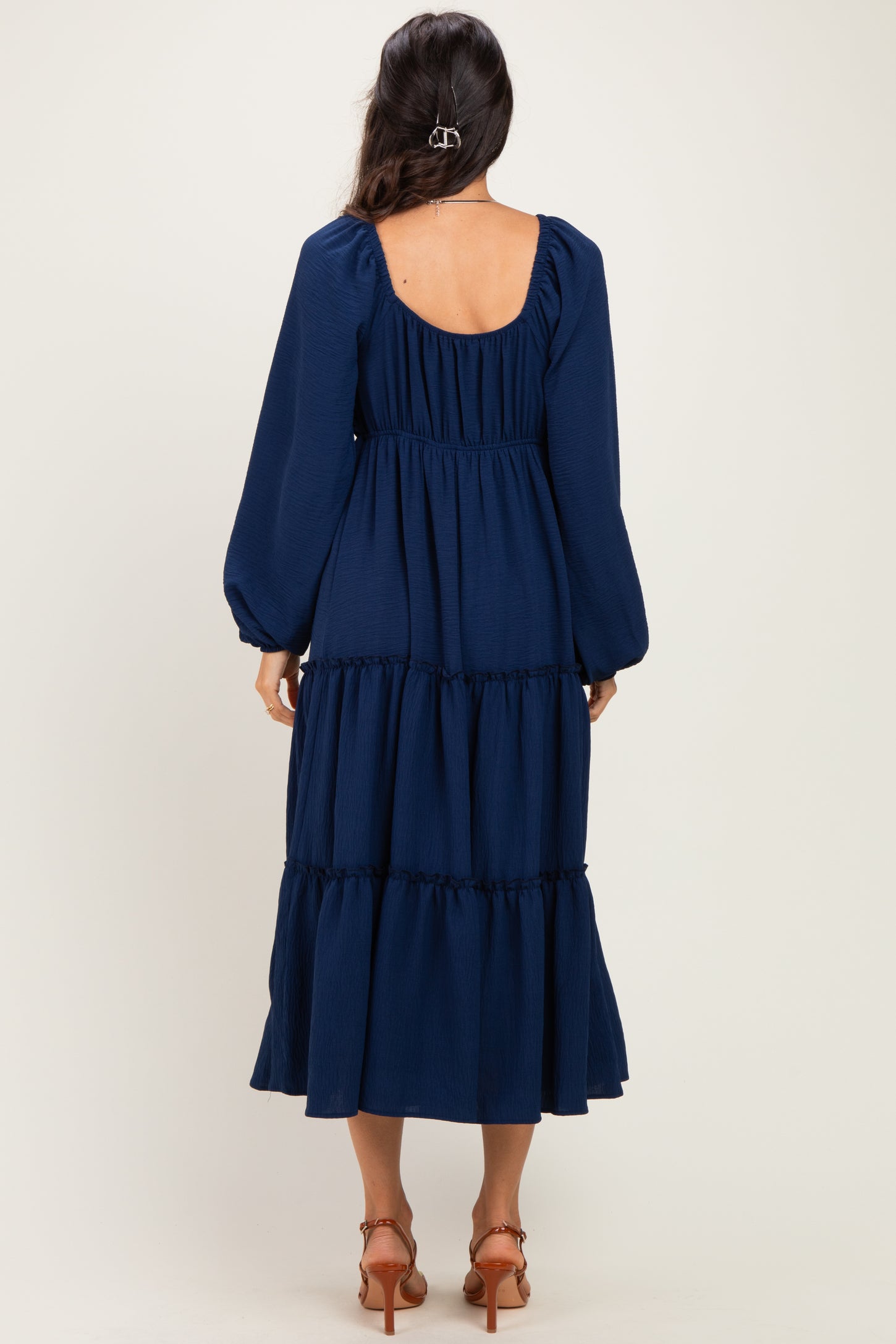 Navy Tiered Long Sleeve V-Neck Maxi Dress