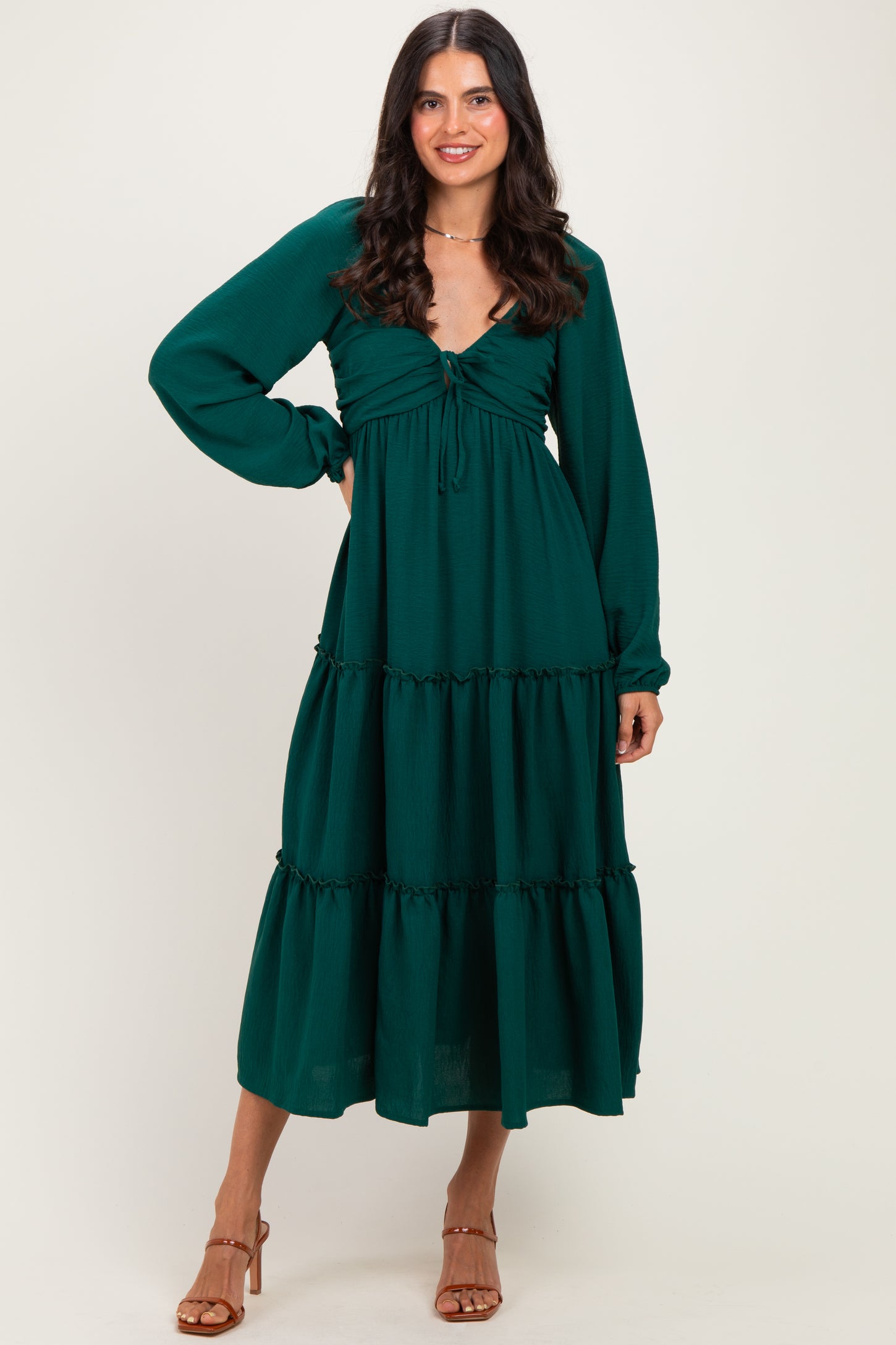 Hunter Green Tiered Long Sleeve V-Neck Maxi Dress