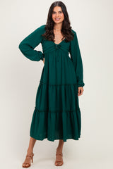 Hunter Green Tiered Long Sleeve V-Neck Maternity Maxi Dress