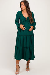 Hunter Green Tiered Long Sleeve V-Neck Maternity Maxi Dress