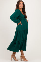 Hunter Green Tiered Long Sleeve V-Neck Maternity Maxi Dress