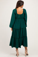 Hunter Green Tiered Long Sleeve V-Neck Maternity Maxi Dress