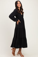 Black Tiered Long Sleeve V-Neck Maxi Dress