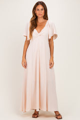 Beige Knotted V-Neck Flutter Sleeve Maxi Dress
