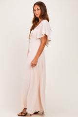Beige Knotted V-Neck Flutter Sleeve Maxi Dress
