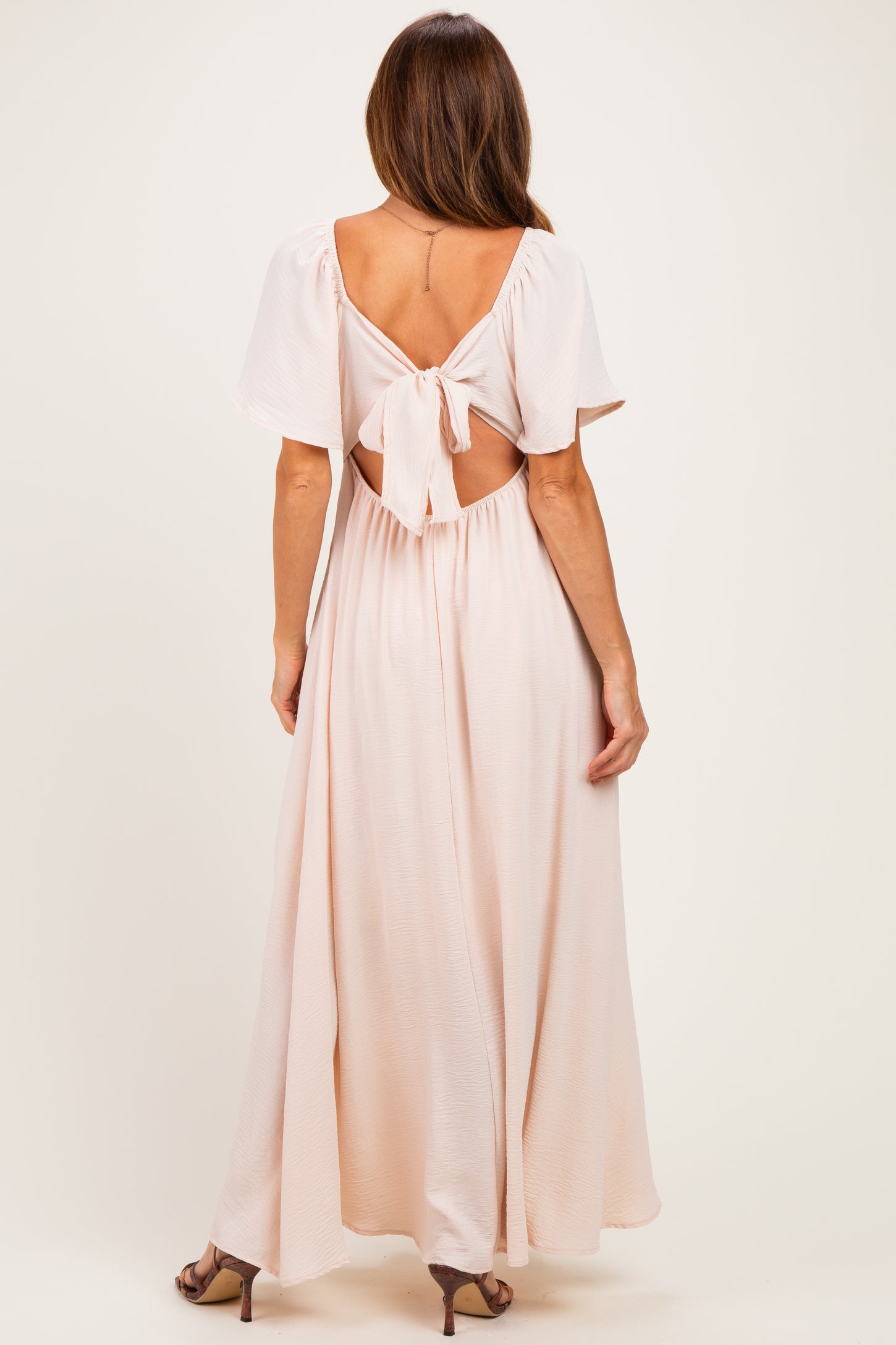 Beige Knotted V-Neck Flutter Sleeve Maxi Dress
