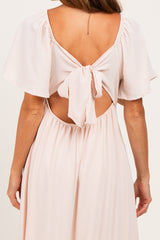 Beige Knotted V-Neck Flutter Sleeve Maxi Dress