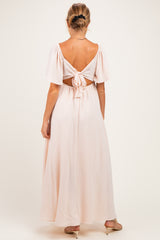 Beige Knotted V-Neck Flutter Sleeve Maternity Maxi Dress