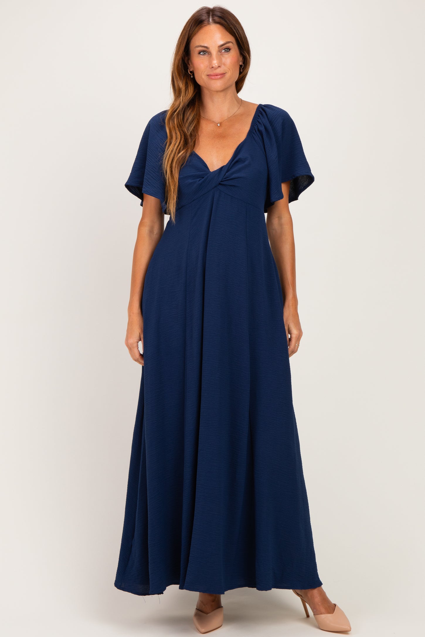 Navy Knotted V-Neck Flutter Sleeve Maternity Maxi Dress
