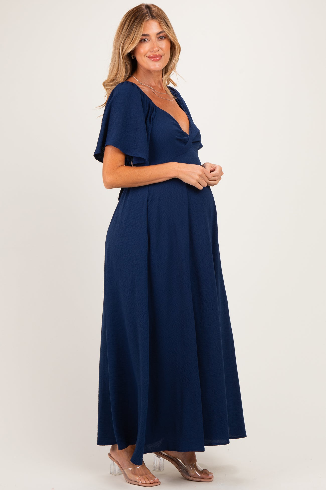 Navy Knotted V-Neck Flutter Sleeve Maternity Maxi Dress