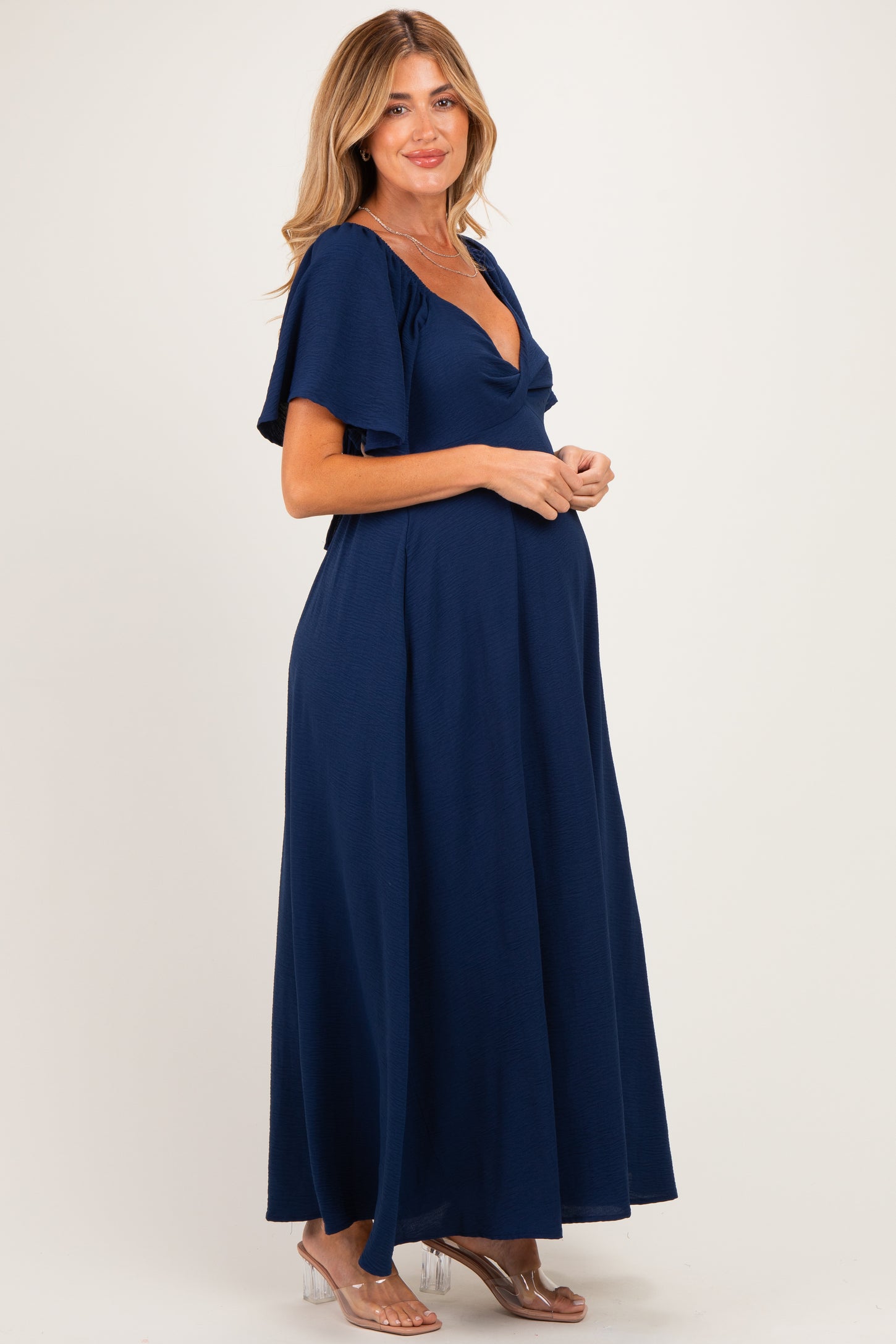 Navy Knotted V-Neck Flutter Sleeve Maternity Maxi Dress