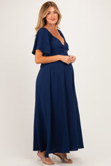 Navy Knotted V-Neck Flutter Sleeve Maternity Maxi Dress