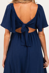 Navy Knotted V-Neck Flutter Sleeve Maternity Maxi Dress