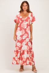 Pink/ Ivory Floral Ruched Bust Flutter Sleeve Maxi Dress