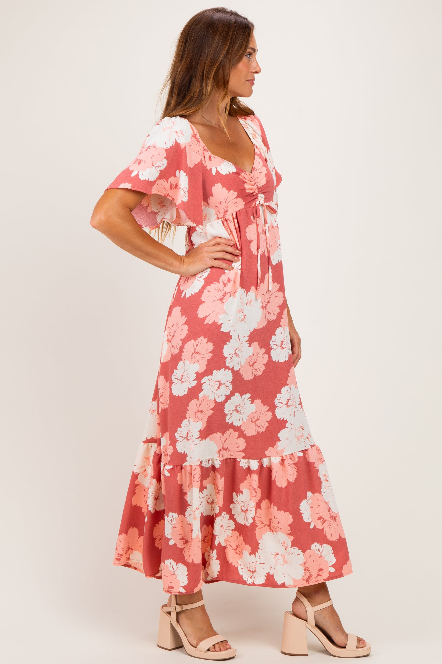 Pink/ Ivory Floral Ruched Bust Flutter Sleeve Maxi Dress