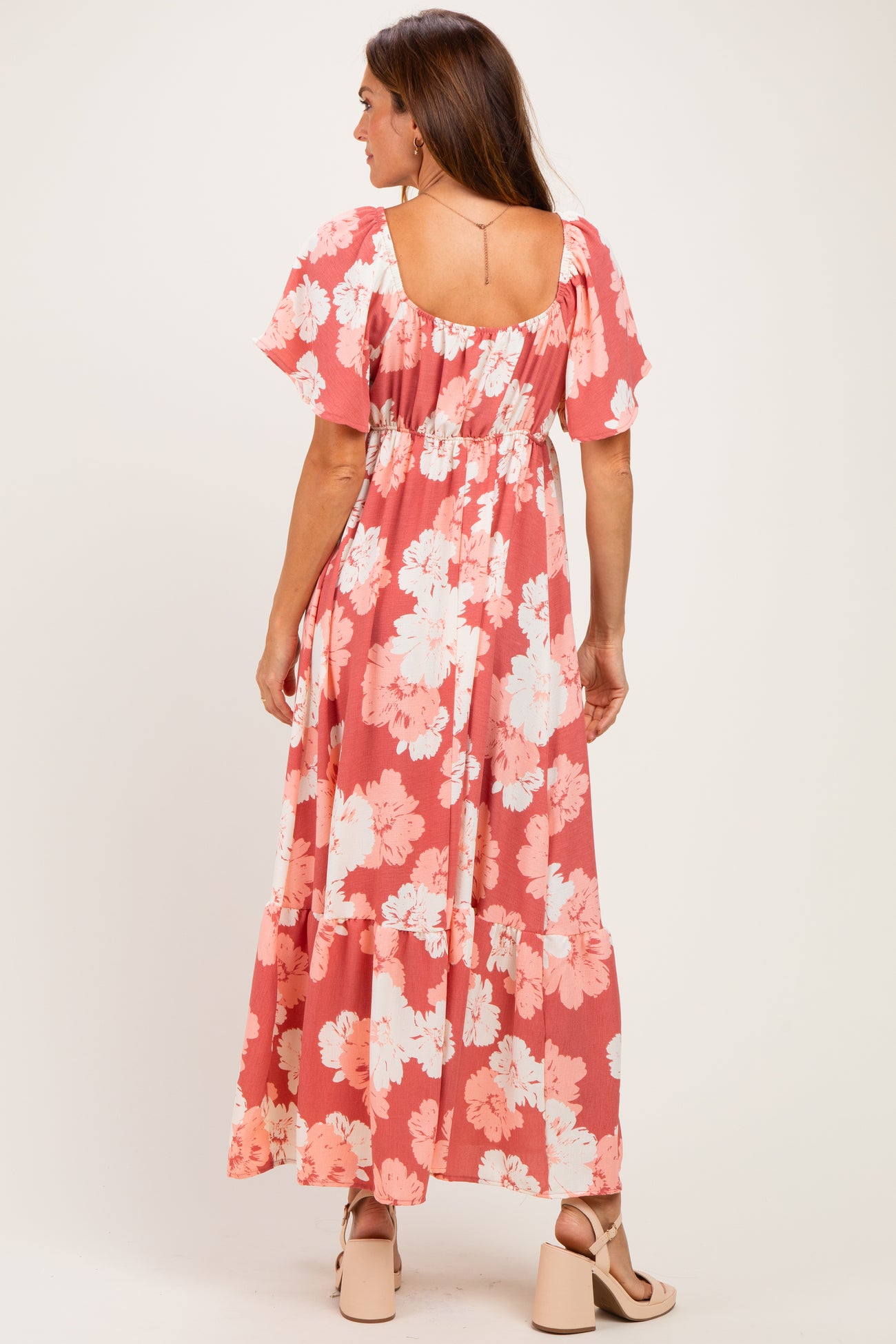 Pink/ Ivory Floral Ruched Bust Flutter Sleeve Maxi Dress