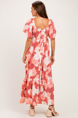 Pink/ Ivory Floral Ruched Bust Flutter Sleeve Maxi Dress