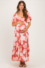 Pink/ Ivory Floral Ruched Bust Flutter Sleeve Maternity Maxi Dress