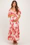Pink/ Ivory Floral Ruched Bust Flutter Sleeve Maternity Maxi Dress