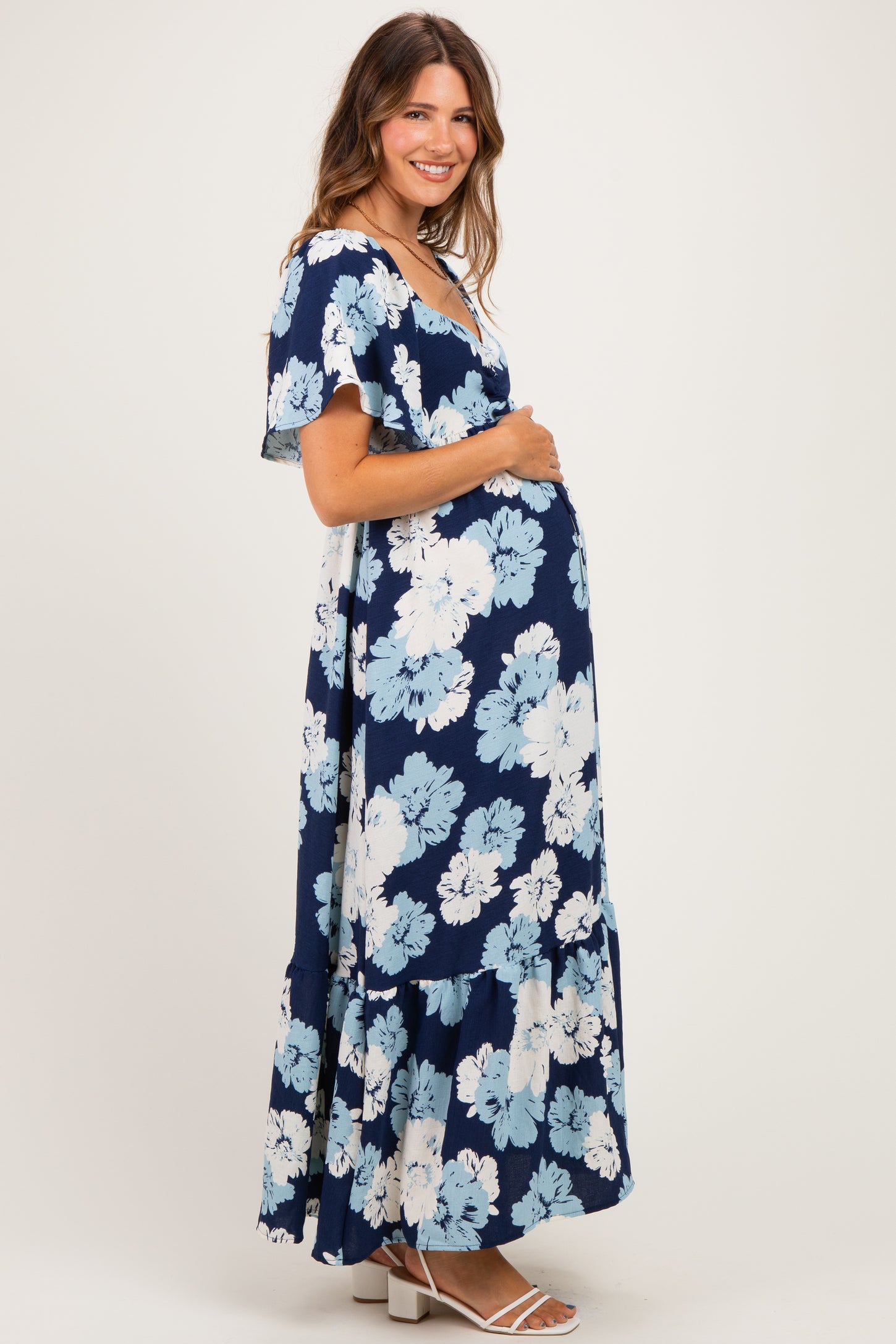 Navy/ Ivory Floral Ruched Bust Flutter Sleeve Maternity Maxi Dress