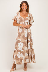 Taupe/ Ivory Floral Ruched Bust Flutter Sleeve Maxi Dress