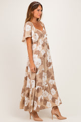 Taupe/ Ivory Floral Ruched Bust Flutter Sleeve Maxi Dress