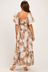 Taupe/ Ivory Floral Ruched Bust Flutter Sleeve Maxi Dress